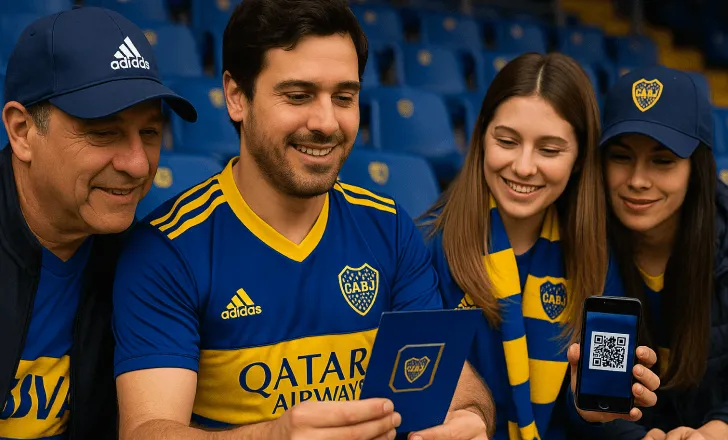 Quatro torcedores do Boca Juniors no estádio escaneiam juntos um QR code em um panfleto, sorridentes e engajados