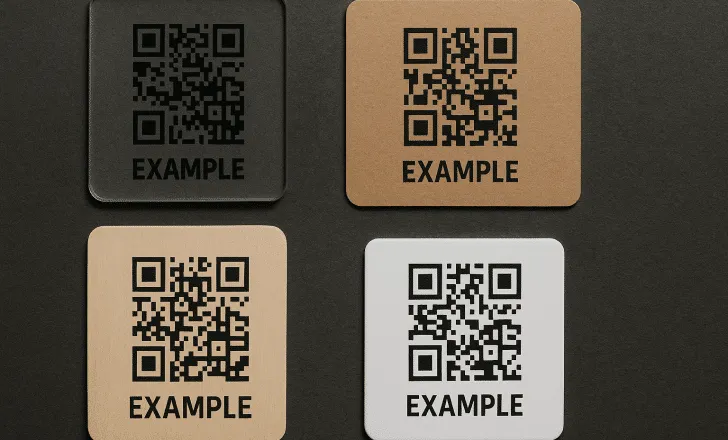 Four QR code samples printed on glass, wood, cardboard, and plastic materials.