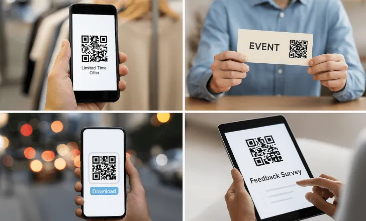 Four scenarios showing QR codes used for retail offers, event access, app downloads, and feedback surveys