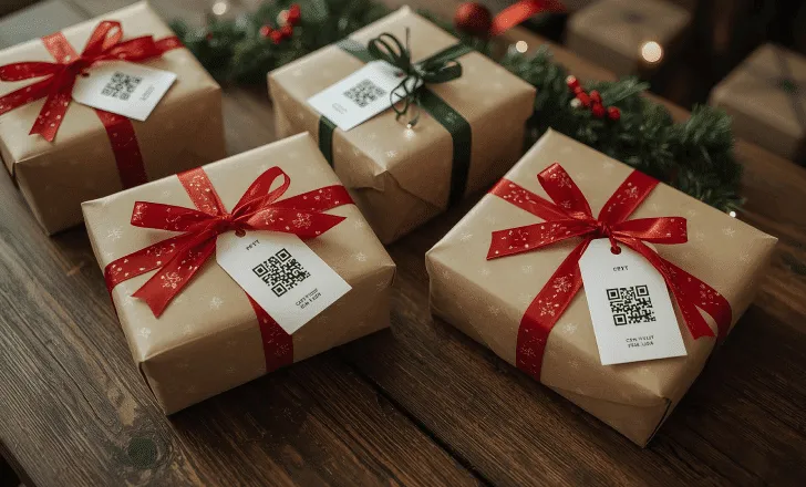 Gift tags with printed QR codes on wrapped Christmas presents