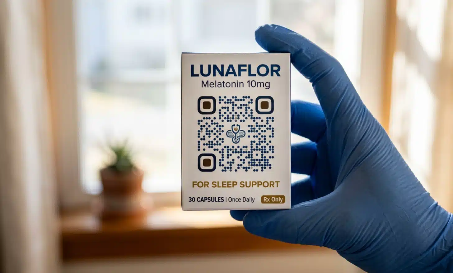Gloved hand holding a single medicine box with its QR code to the light.