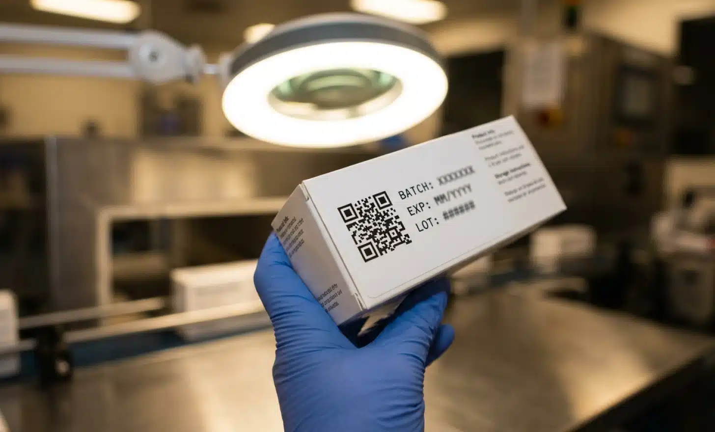 Gloved hand inspecting a pharmaceutical label with a QR code and blurred batch data fields