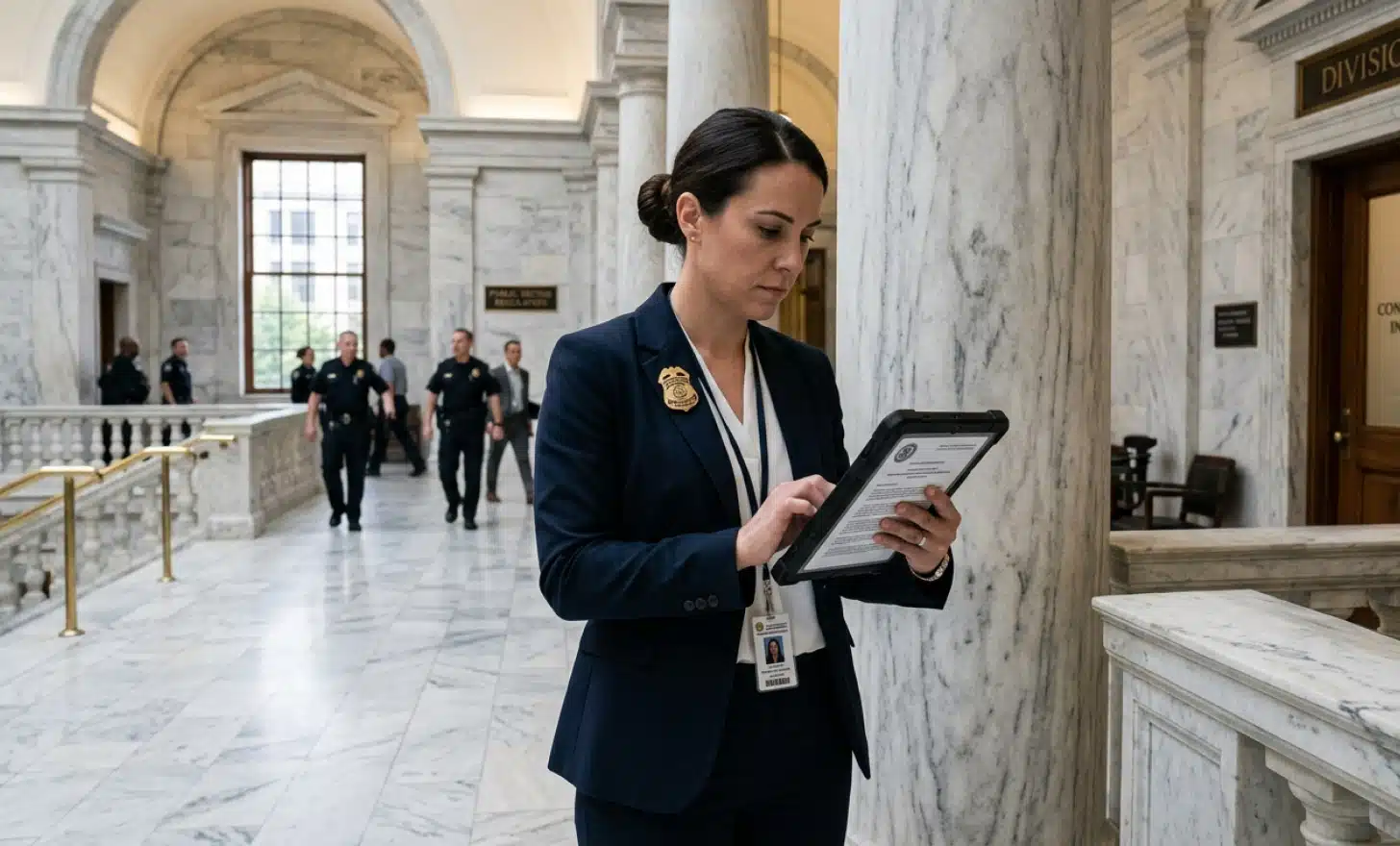 Government official reviewing compliance documents inside a formal institutional building.