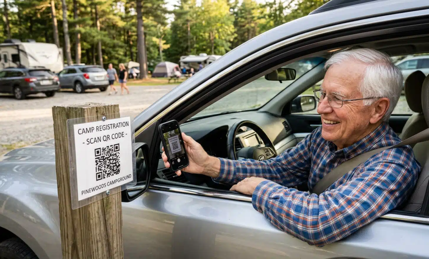 Grandfather in a car scanning a QR code sign during camp pickup.