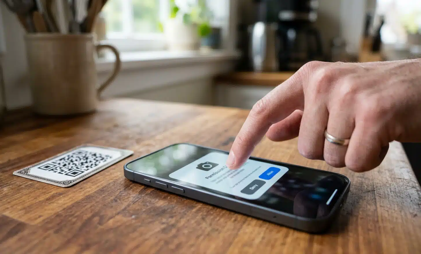 Granting camera permission on a phone before scanning a QR code.