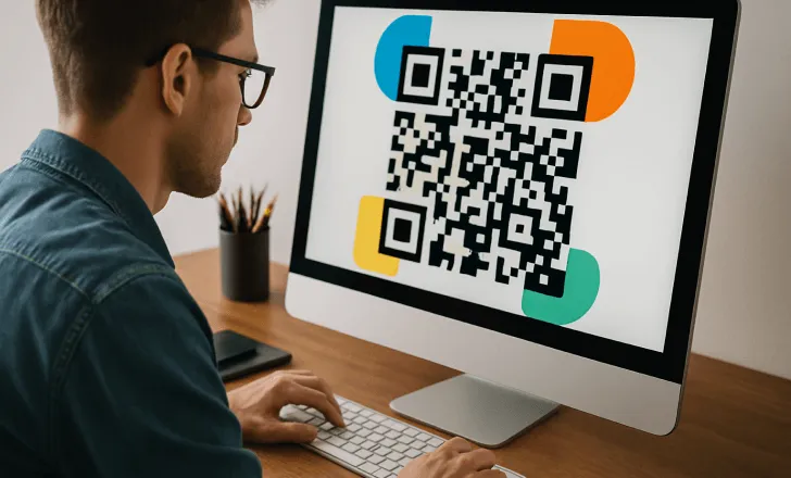 Graphic designer working on a computer, analyzing a large QR code with colorful markers on the screen.
