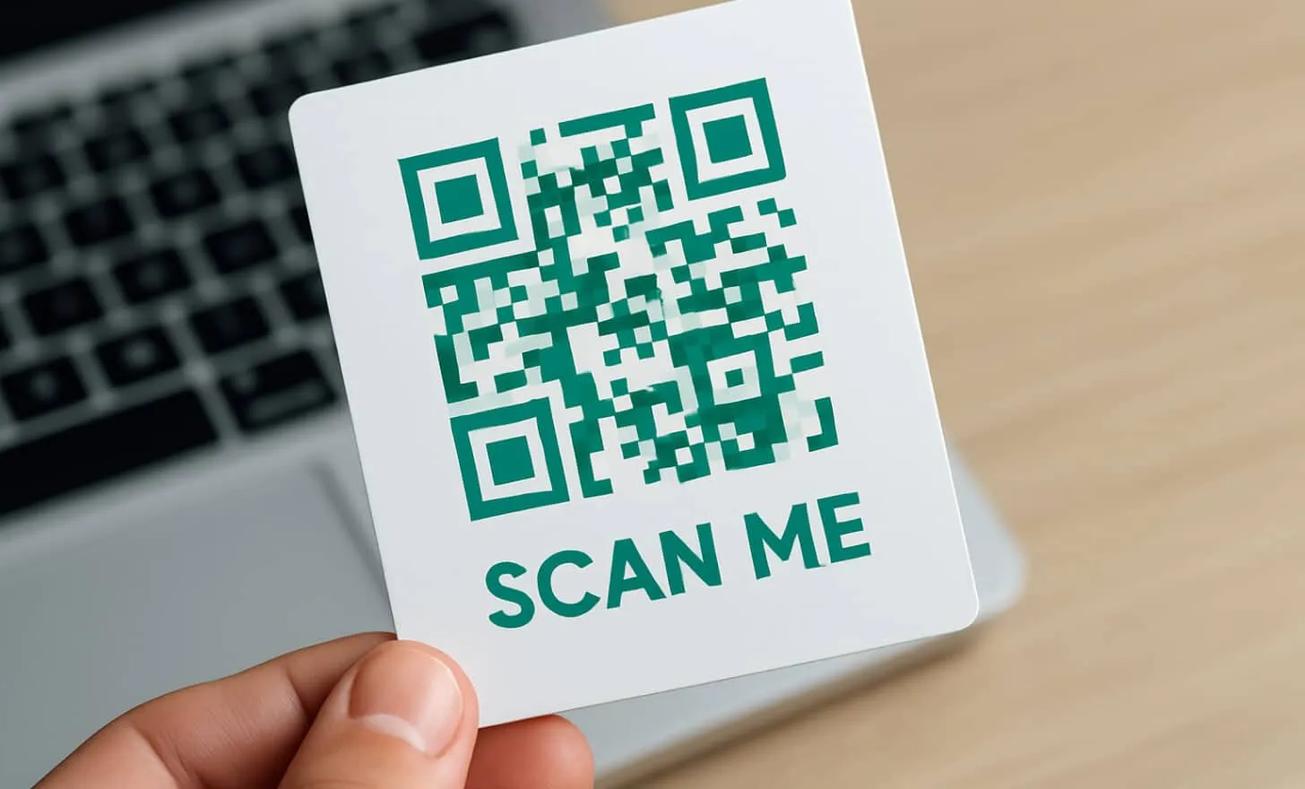 Código QR verde con “Escanéame” como llamada a la acción sostenido frente a una laptop sobre un escritorio de madera