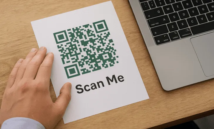 Código QR verde con llamada a la acción impresa en una hoja blanca junto a una laptop