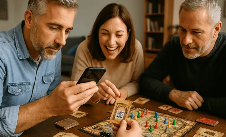 Group of adult players scanning a QR code on a vintage-style card during a strategic board game session