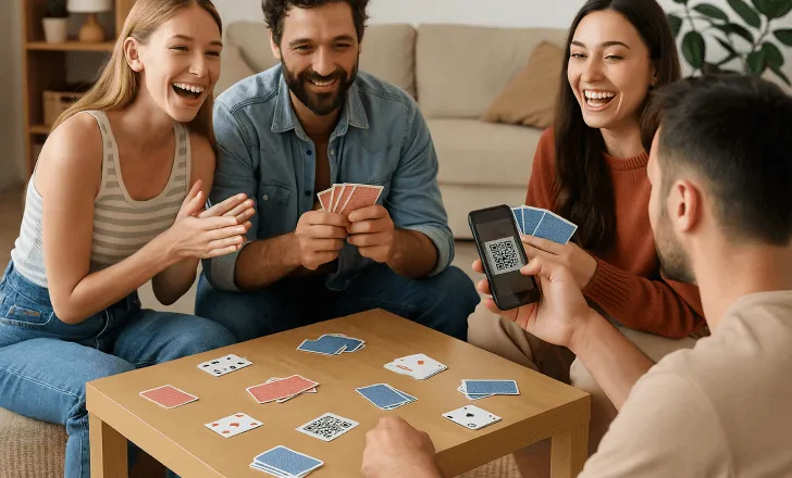 Group of friends playing a casual card game while scanning a QR code for bonus or optional content