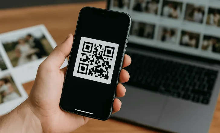 Guest holding a phone with a QR code displayed, ready to scan and access wedding photos.