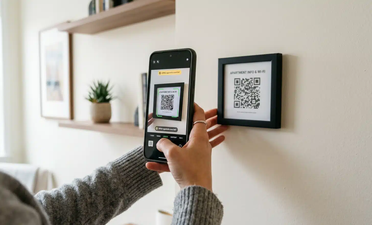 Guest pointing smartphone camera at a QR code on a rental property wall