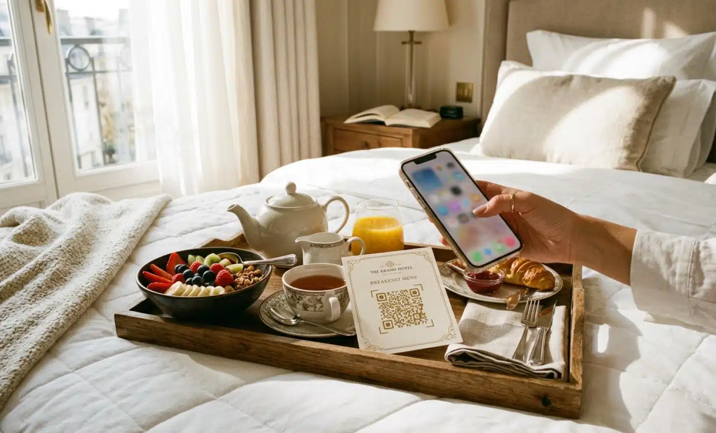 Guest scanning a QR code on a room service menu card beside a breakfast tray