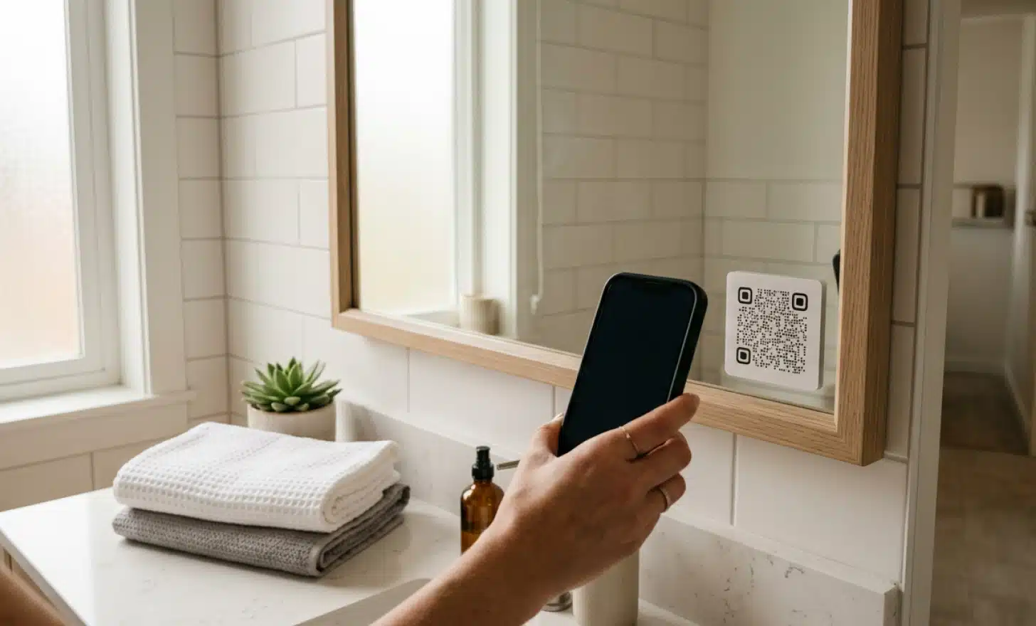 Guest scanning a feedback QR code placed on the bathroom mirror of a rental property.