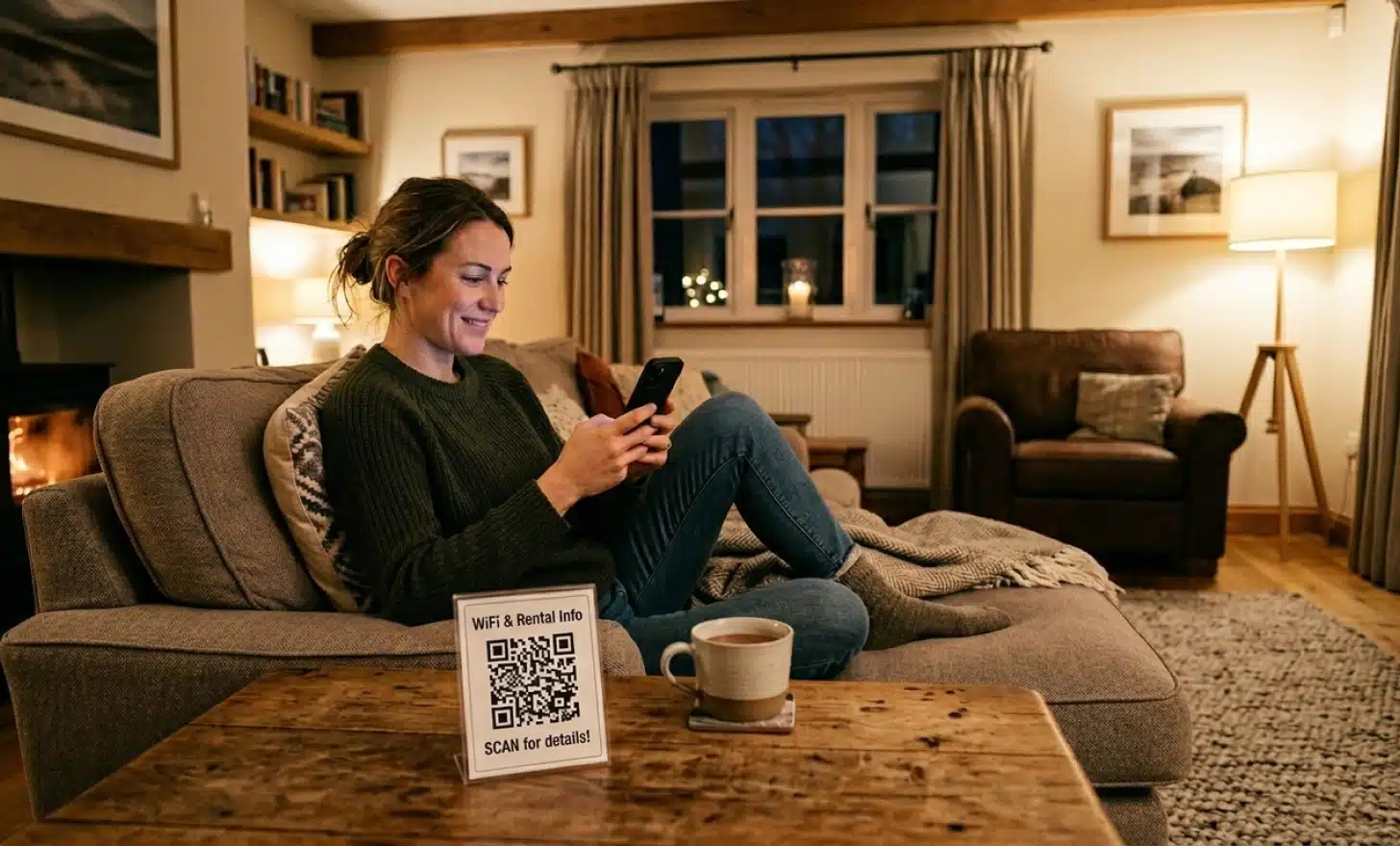 Guest using smartphone to scan a QR code and chat with an AI assistant