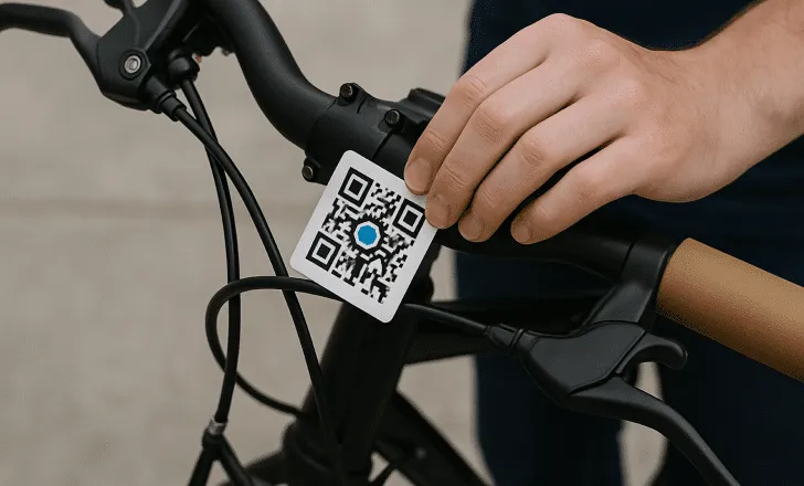 Hand applying a QR code sticker onto the handlebar of a bicycle