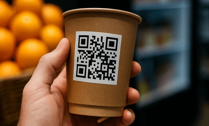 Une main tenant une tasse en papier brun avec un autocollant QR code devant un panier de fruits et un réfrigérateur