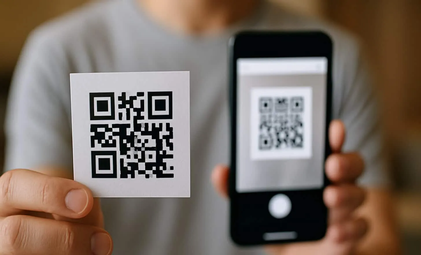 Mano segurando um cartão impresso com código QR, ilustrando um código QR estático com dados fixos