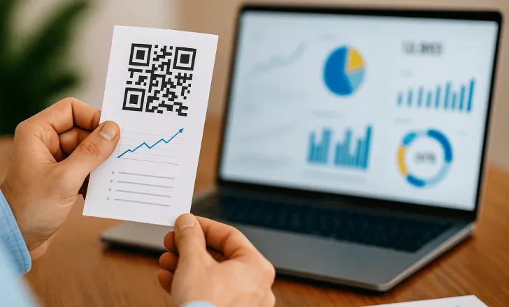 Une main tenant un reçu avec un QR code et des analyses devant un ordinateur portable affichant des graphiques