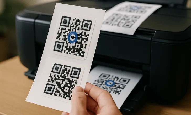 Hand holding a sheet of freshly printed QR code stickers in front of a printer