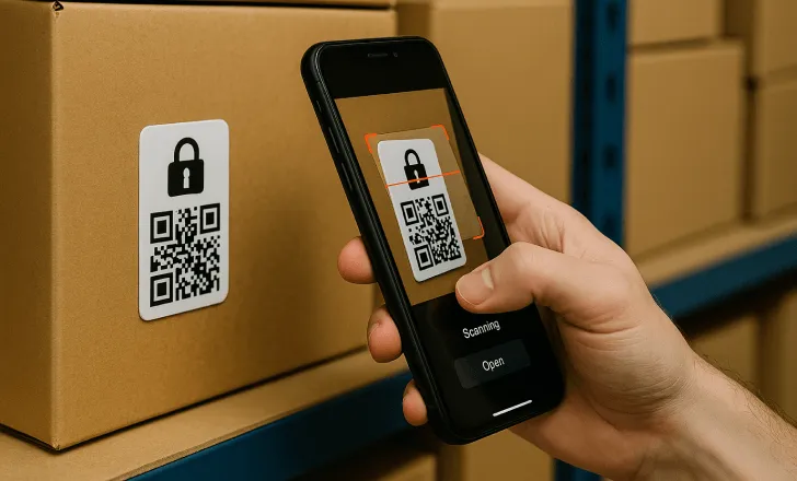 Hand holding a smartphone scanning a QR code label with a padlock icon on a cardboard box in a warehouse.