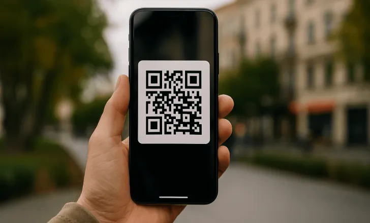 Hand holding a smartphone with a QR code on screen in an urban outdoor setting