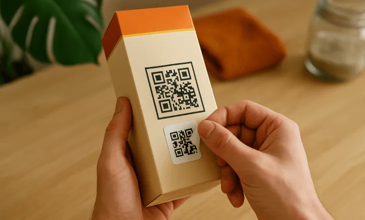 Des mains appliquant un autocollant QR code sur une boîte de produit beige avec un autre QR code déjà imprimé