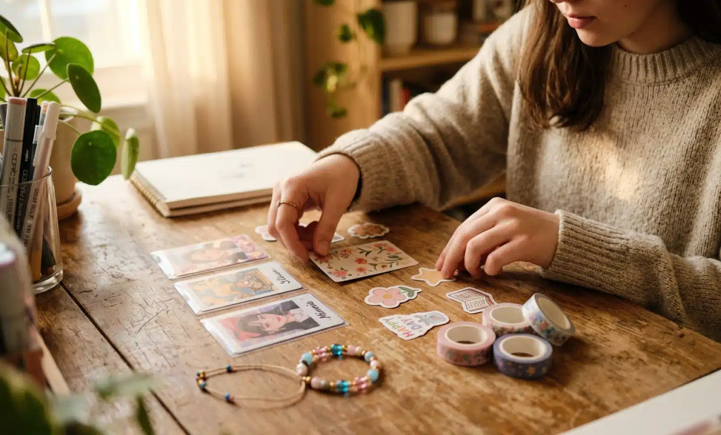 Hands arranging photocards, stickers, washi tape, and a beaded bracelet on a home craft desk in warm afternoon light.