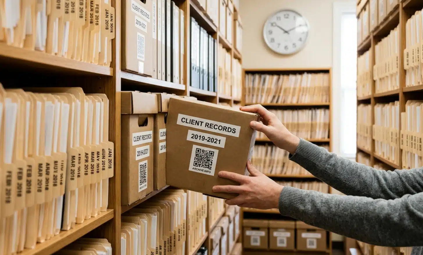 Hands filing labeled archive boxes on a shelf, representing how long to keep QR scan data.