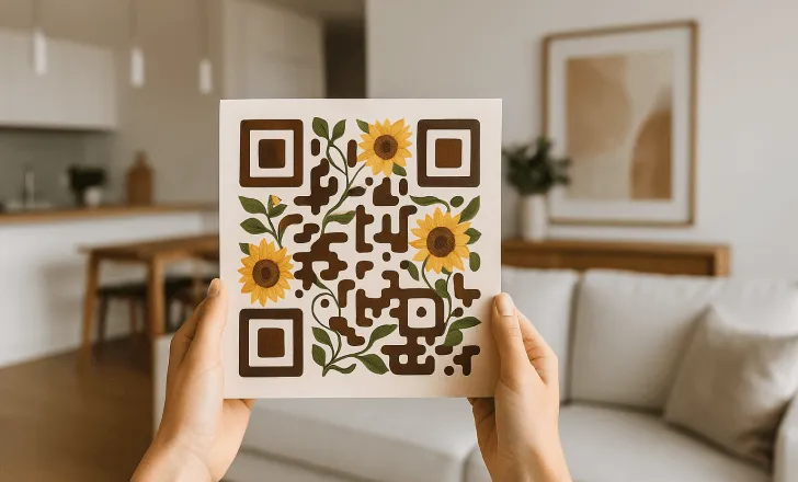 Hands holding a sunflower-themed artistic QR code in a modern living room