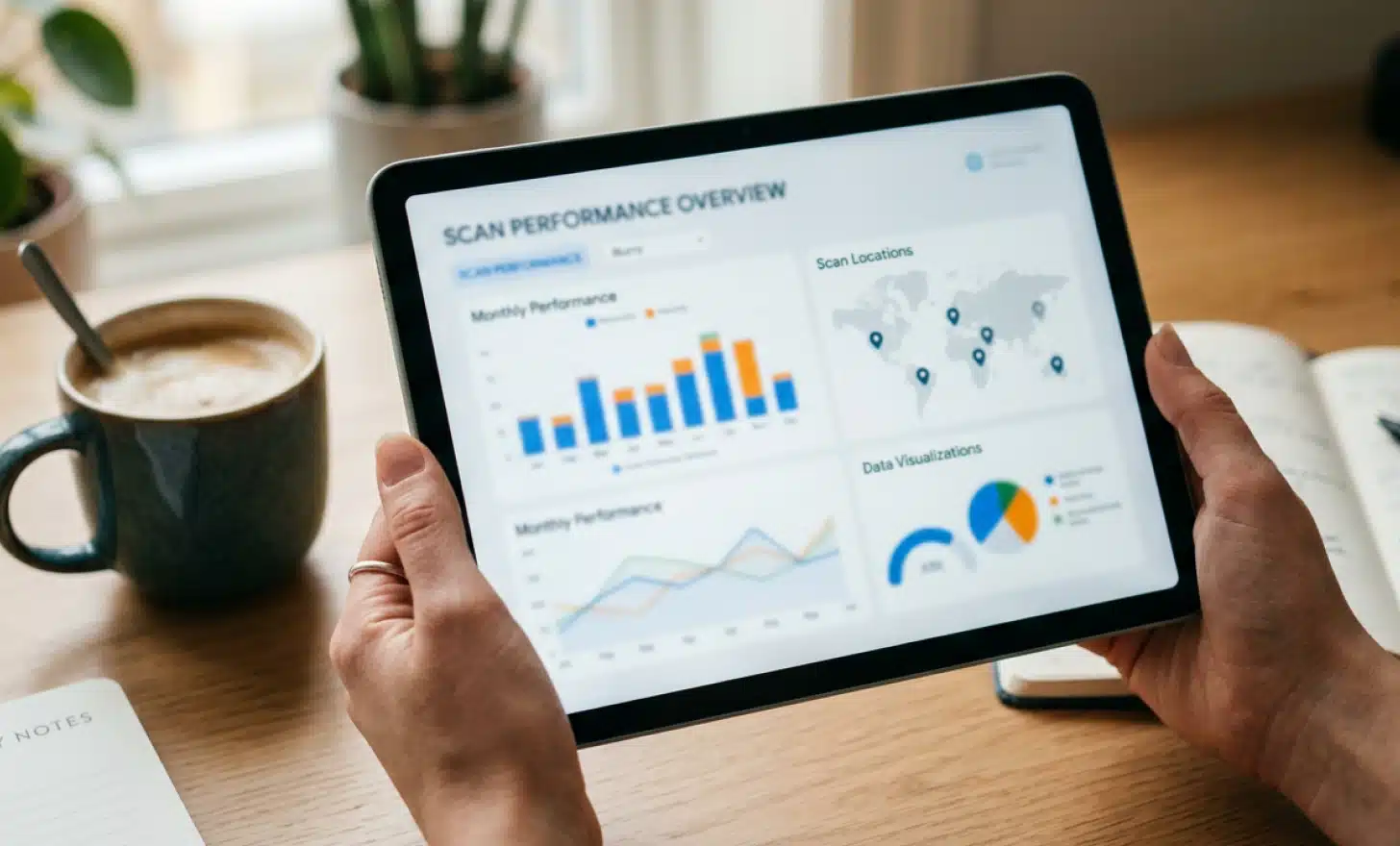 Hands holding a tablet showing a blurred QR code analytics dashboard.