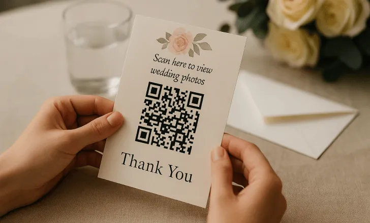 Hands holding a thank-you card with a QR code and instructions to view wedding photos
