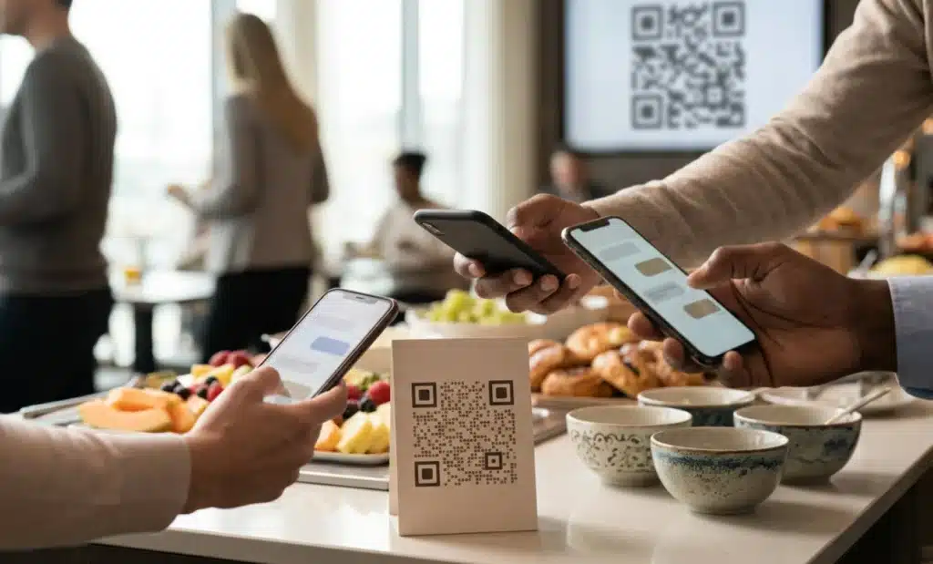 Hands of guests from different countries holding phones over a breakfast buffet QR card