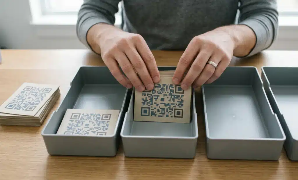 Hands sorting QR code campaign cards into separate client trays