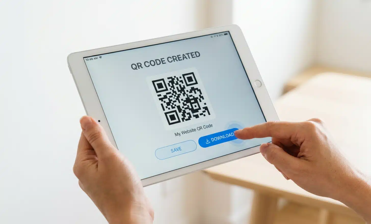 Hands tapping a tablet screen to download a finished QR code.