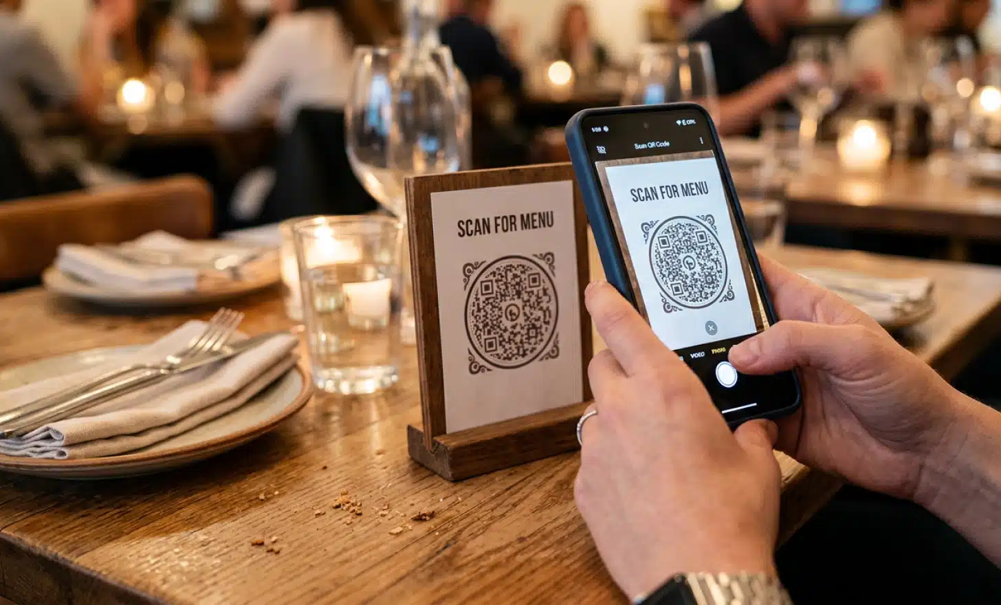 Hands using a smartphone camera to scan a QR code on a restaurant table.