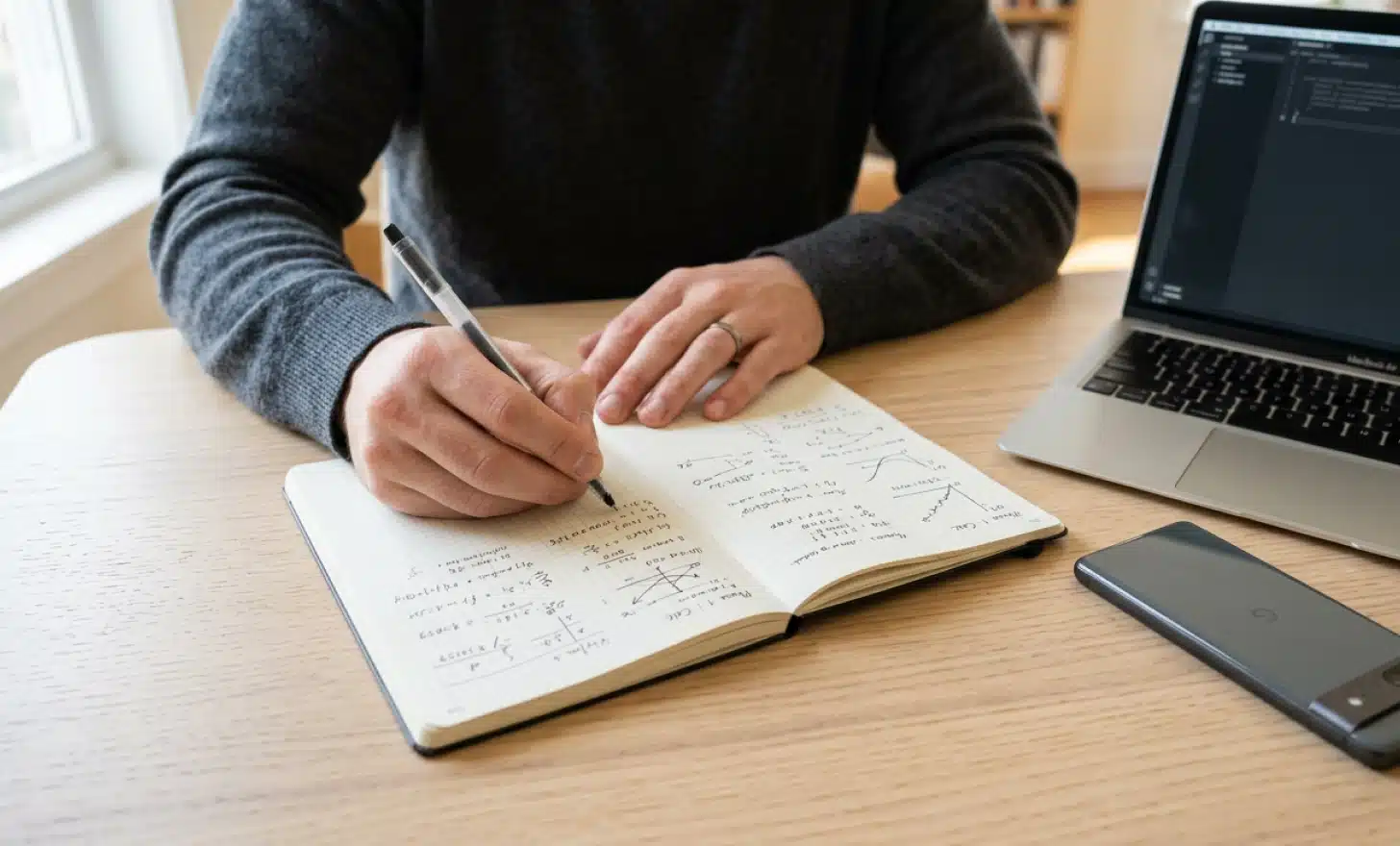 Hands writing in a notebook beside a laptop and phone, illustrating how to calculate the real PDF menu cost for your own restaurant.