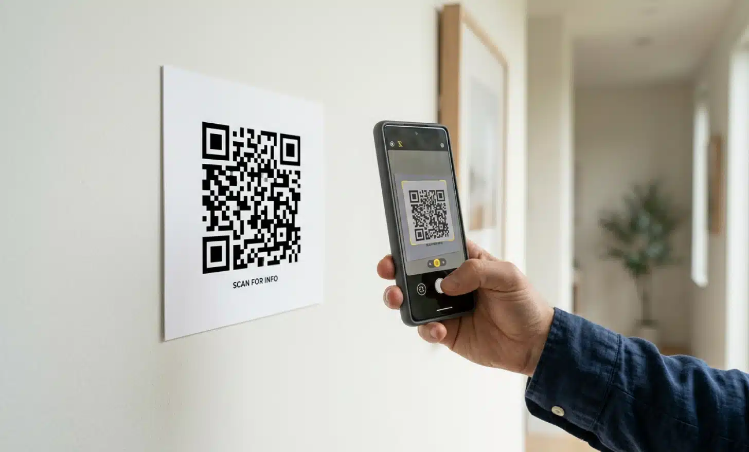 High-contrast black and white QR code on a wall being scanned by a smartphone.