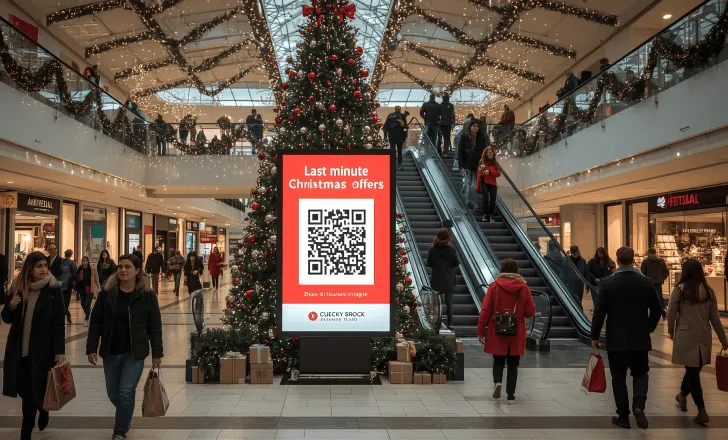 Holiday shopping mall with a promotional sign showing a QR code for Christmas offers.