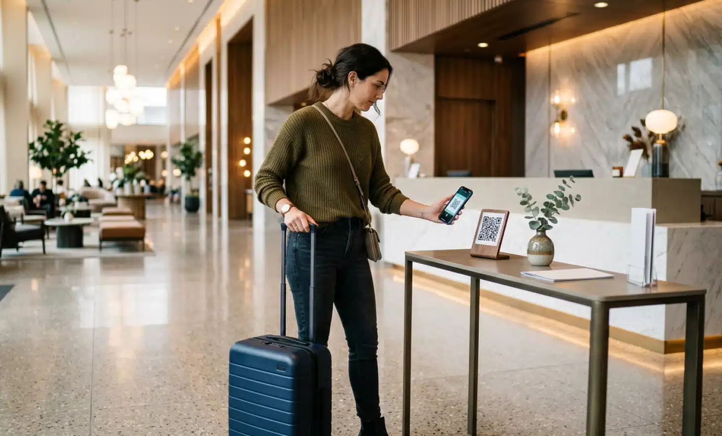 Hotel guest scanning a QR code at the entrance of a modern hotel lobby