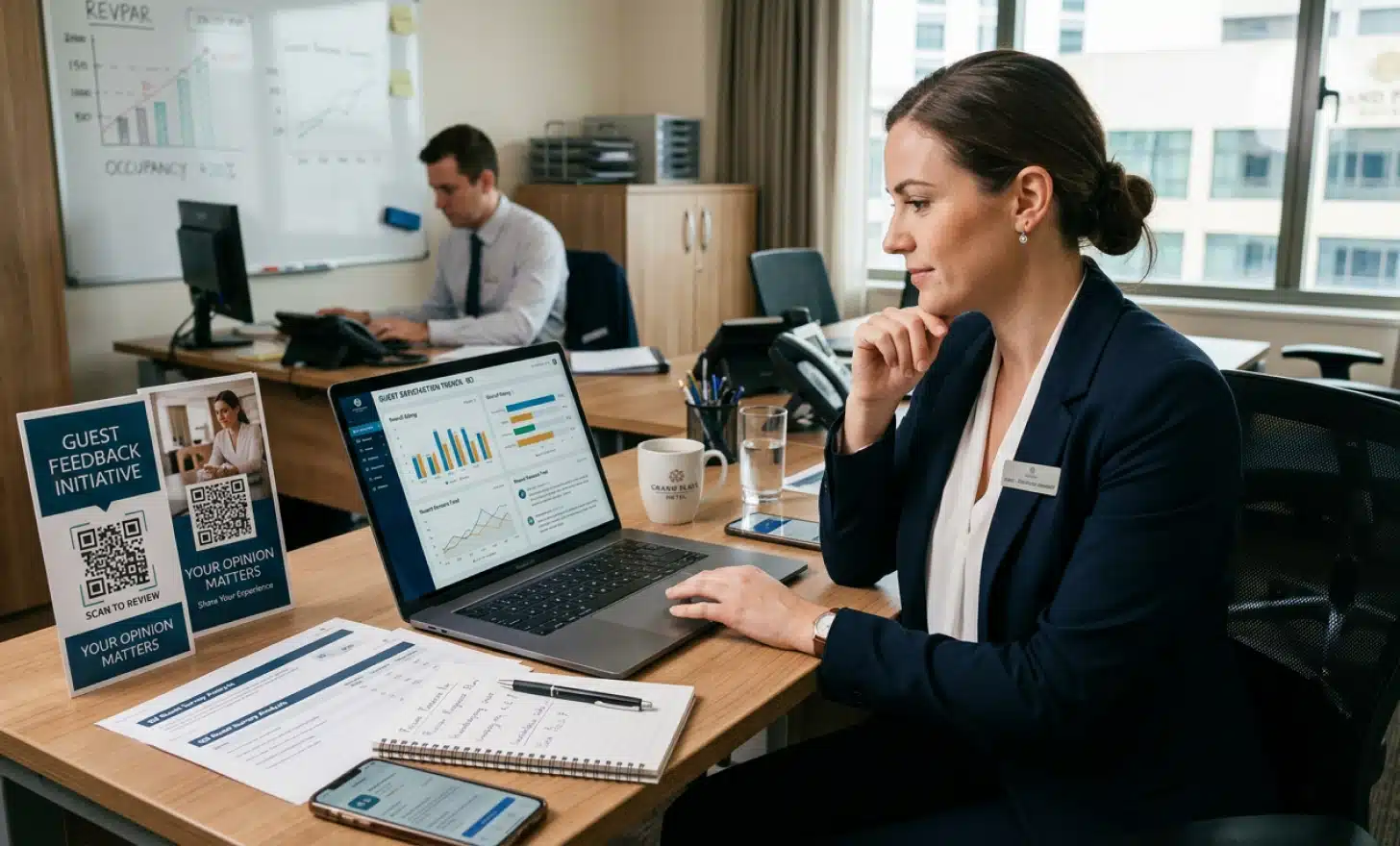 Hotel manager reviewing analytics from QR code feedback scans