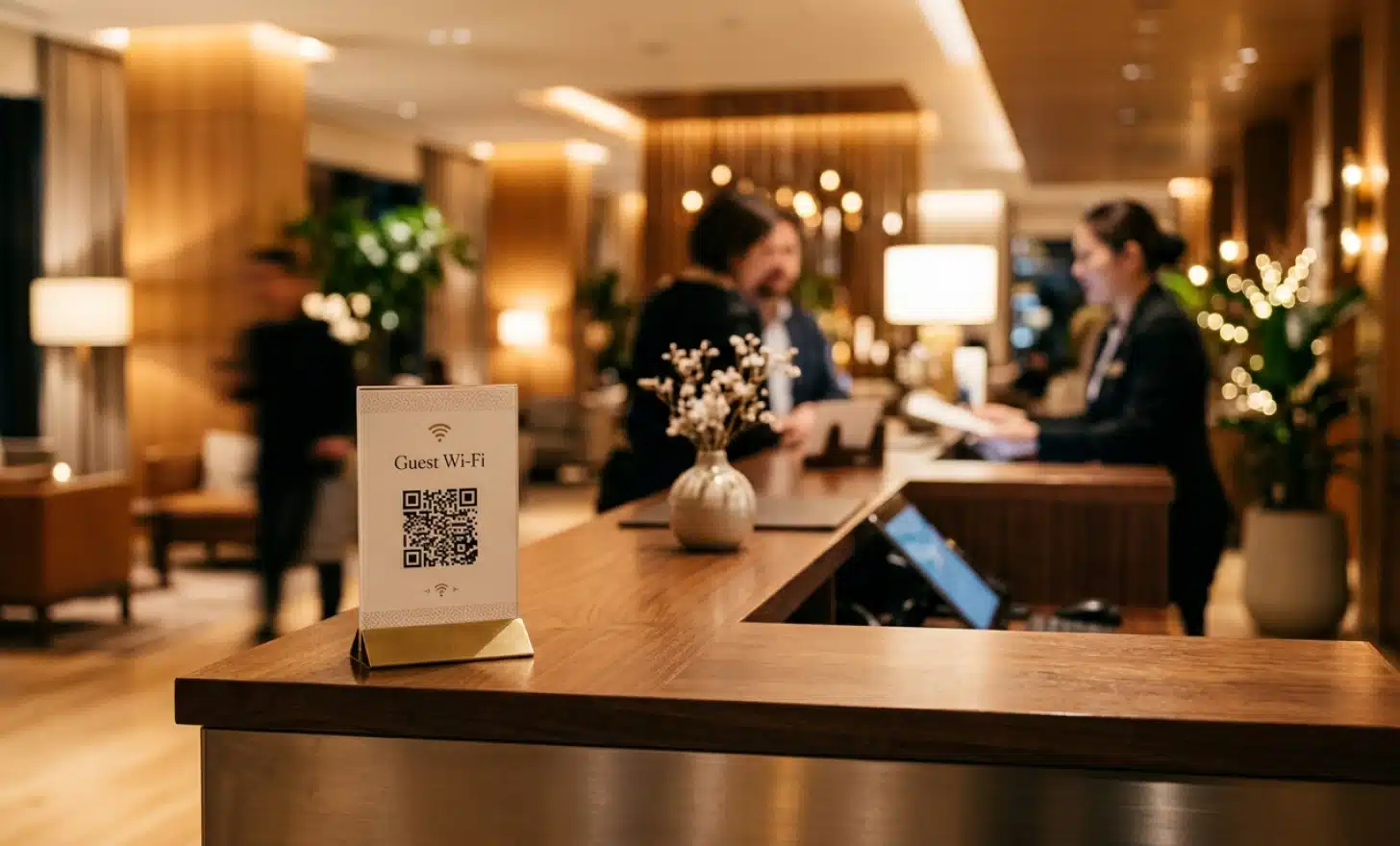 Hotel reception desk with a small placard displaying a QR code for guest Wi-Fi