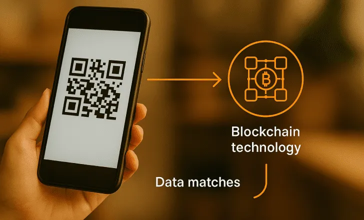 Illustration showing QR code linking to blockchain verification system