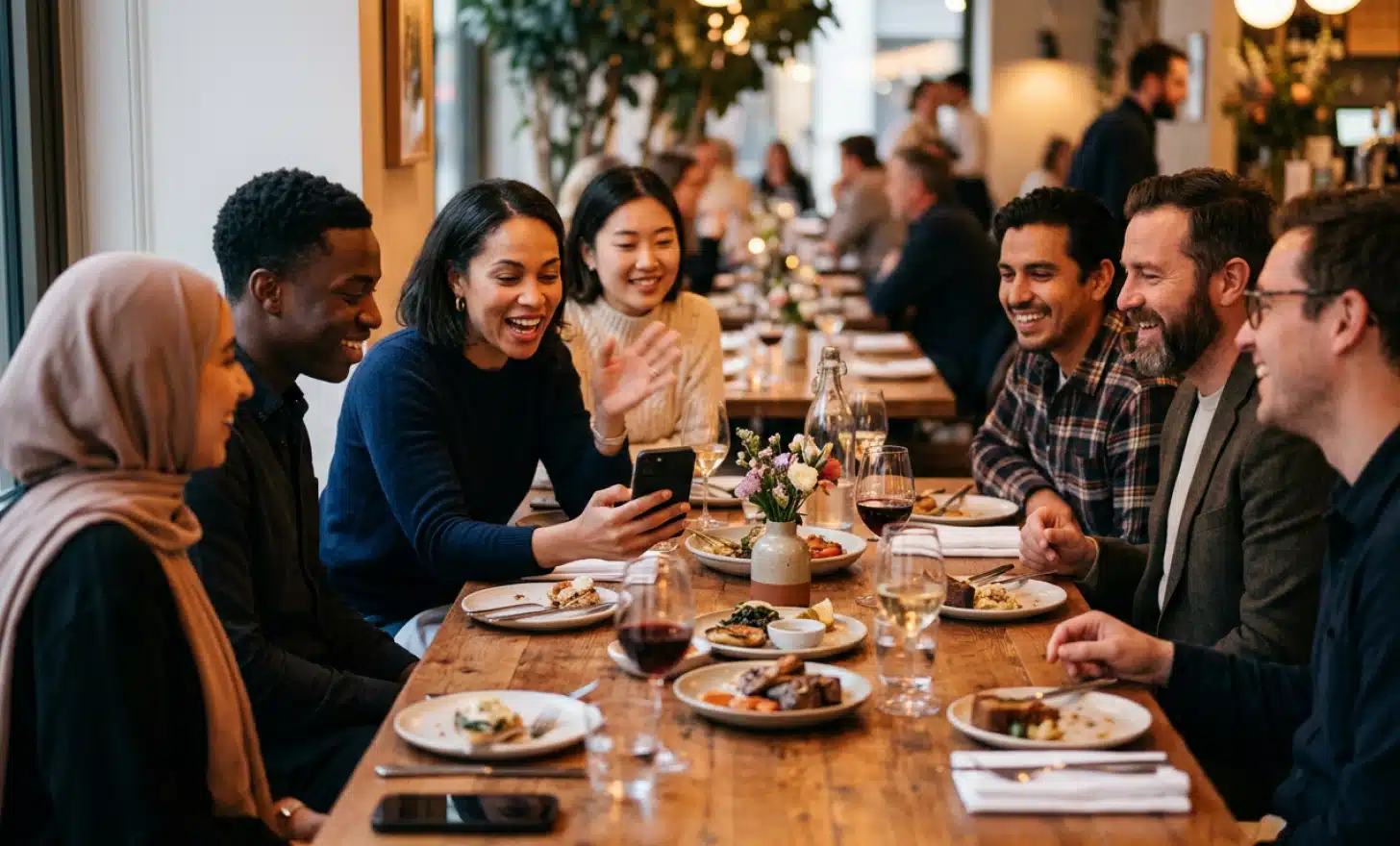 International diners at a restaurant table, one checking the menu on a phone.