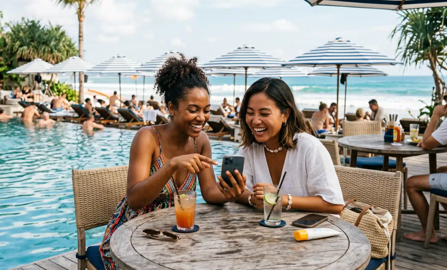 International guests sharing a phone screen at a beach club