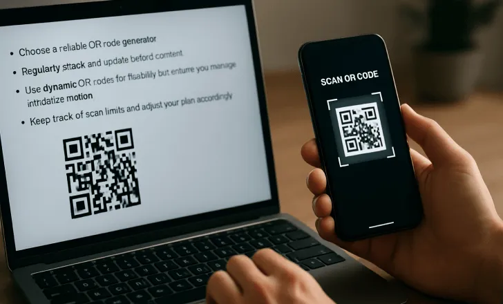 Laptop e smartphone lado a lado exibindo ferramentas de código QR, representando a manutenção proativa de códigos QR