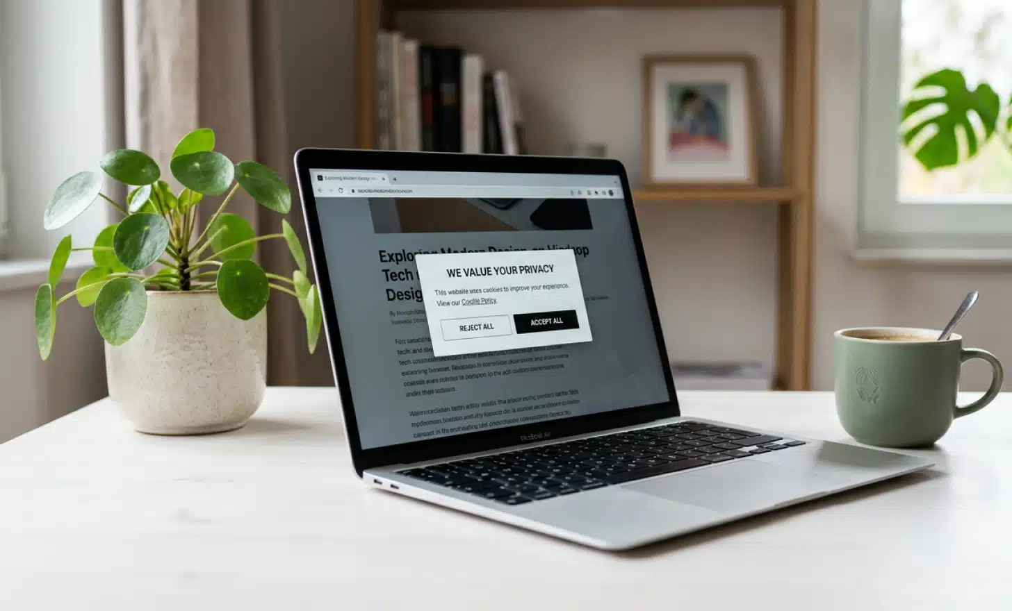 Laptop screen partially blurred showing a cookie consent notification