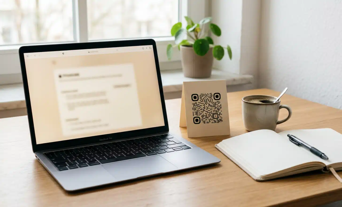 Laptop showing a private wedding webpage beside a QR code card, illustrating QR access control and password-protected wedding websites.