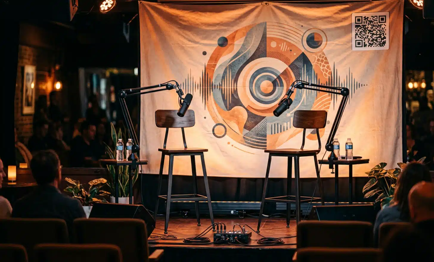 Live podcast recording stage with a large branded banner featuring a visible QR code