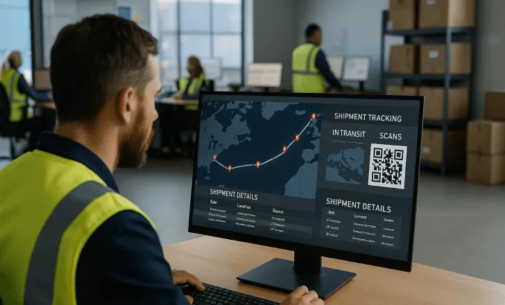 Logistics operations manager monitors real-time shipment tracking on large digital screens in a modern control center.